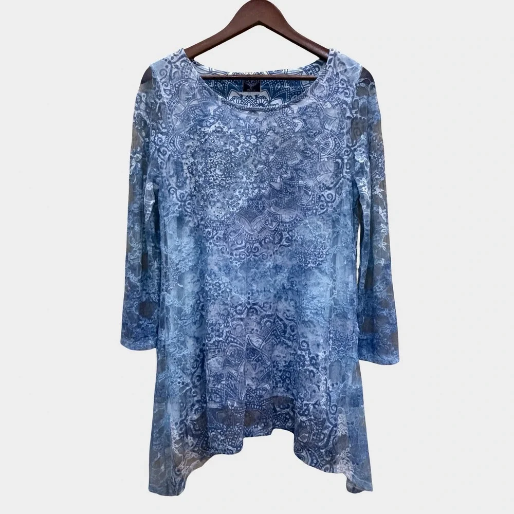 Cal Style Blue Mesh Mandala Embellished Tunic Top Medium Mermaid Fairy Boho - Picture 2 of 10